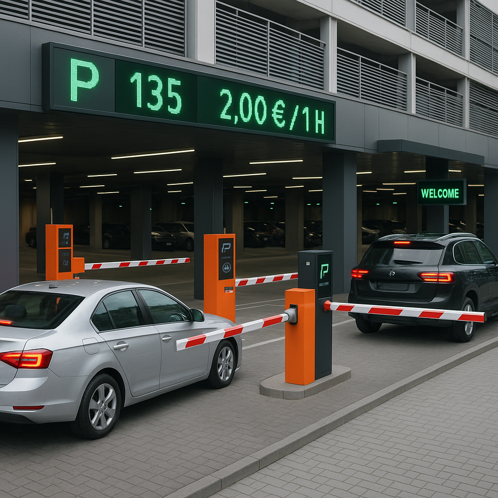 A modern parking facility with automated access co